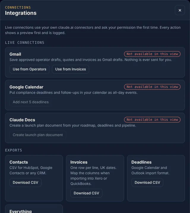 The Integrations panel with Gmail, Google Calendar, Claude Docs and export options.